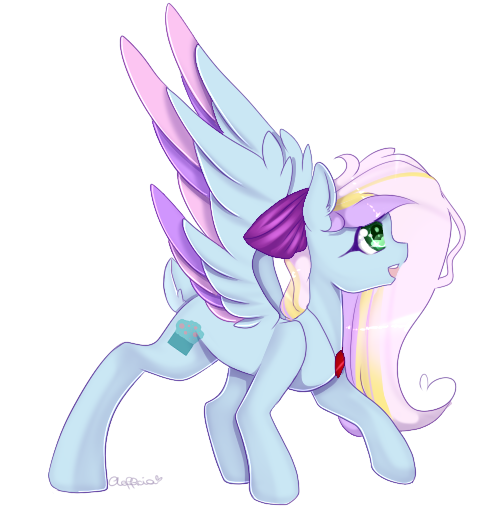 Size: 504x516 | Tagged: safe, artist:clefficia, derpibooru import, oc, oc:cloud cake, unofficial characters only, pegasus, pony, bow, colored wings, female, hair bow, looking up, mare, multicolored wings, open mouth, solo, spread wings