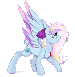 Size: 504x516 | Tagged: safe, artist:clefficia, derpibooru import, oc, oc:cloud cake, unofficial characters only, pegasus, pony, bow, colored wings, female, hair bow, looking up, mare, multicolored wings, open mouth, solo, spread wings