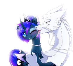 Size: 1280x1156 | Tagged: safe, artist:magnaluna, derpibooru import, princess luna, oc, oc:zefiroth, dragon, alternate hairstyle, blushing, body markings, canon x oc, cheek fluff, chest fluff, claws, collar, colored pupils, colored wings, colored wingtips, couple, crown, curved horn, cute, ear fluff, embrace, eyes closed, eyeshadow, floppy ears, fluffy, galaxy mane, hair bun, jewelry, licking, lunabetes, makeup, male, multicolored wings, neck fluff, necklace, one eye closed, paws, regalia, shipping, simple background, smiling, straight, tongue out, white background