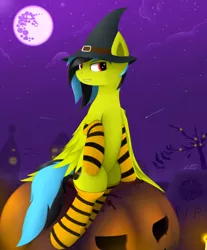 Size: 1350x1634 | Tagged: artist:lukesaurusflavius, clothes, derpibooru import, gravestone, halloween, hat, mare in the moon, moon, oc, oc:here after, pumpkin, socks, solo, striped socks, suggestive, unofficial characters only, witch hat