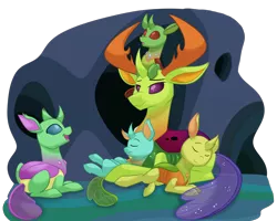 Size: 1500x1200 | Tagged: artist:itstaylor-made, changedling, changedling oc, changeling, changeling hive, changeling oc, cuddling, cute, cuteling, derpibooru import, eyes closed, fanfic, fanfic art, fanfic:the king of love bugs, king thorax, nymph, oc, oc:apex, open mouth, papa thorax, pony hat, safe, sleeping, smiling, snuggling, thorabetes, thorax, to where and back again