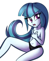 Size: 570x712 | Tagged: suggestive, artist:wubcakeva, derpibooru import, sonata dusk, equestria girls, adorasexy, areola, belly button, black underwear, clothes, covering, cute, female, open mouth, panties, partial nudity, sexy, simple background, sitting, solo, solo female, topless, underwear, white background