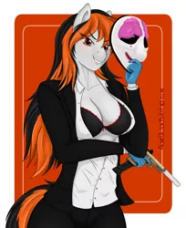 Size: 3100x3800 | Tagged: anthro, anthro oc, artist:askquickbullet, breasts, clothes, derpibooru import, female, gift art, gloves, gun, houston, hoxton, looking at you, mask, oc, oc:cannon car, pants, payday, payday 2, payday the heist, smiling, solo, solo female, suggestive, unbuttoned, unofficial characters only, weapon, white shirt