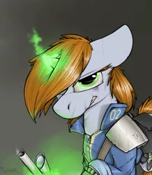 Size: 725x830 | Tagged: semi-grimdark, artist:sinrar, derpibooru import, oc, oc:littlepip, unofficial characters only, pony, unicorn, fallout equestria, fanfic, blood, clothes, fanfic art, female, floppy ears, glowing horn, gradient background, gun, handgun, horn, levitation, little macintosh, magic, mare, optical sight, pipbuck, revolver, saddle bag, scope, solo, teeth, telekinesis, vault suit, weapon