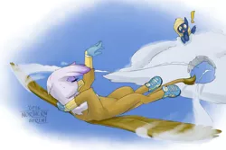 Size: 1280x853 | Tagged: safe, artist:northernsprint, derpibooru import, gilda, oc, gryphon, pegasus, backwards, clothes, cloud, exclamation point, eyes closed, flying, gloves, image, northernsprints warmup raffles, png, shoes, sky, surprised, waving