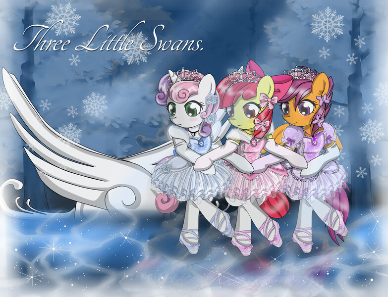 Size: 3000x2300 | Tagged: safe, artist:avchonline, derpibooru import, apple bloom, scootaloo, sweetie belle, earth pony, pegasus, pony, semi-anthro, unicorn, ballerina, ballerinas, ballet, ballet slippers, bipedal, blushing, bow, canterlot royal ballet academy, cinderella, clothes, cutie mark crusaders, dancing, dress, engrish in the description, evening gloves, flower, flower in hair, gloves, hair bow, jewelry, pantyhose, smiling, snow, swan lake, tiara, tomboy taming, tutu, tutus