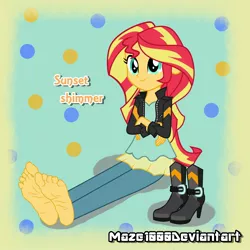 Size: 2000x2000 | Tagged: suggestive, artist:maze1000, derpibooru import, sunset shimmer, equestria girls, barefoot, clothes, crossed arms, feet, foot fetish, high heel boots, jacket, leather jacket, pants, smiling, solo, wrinkles