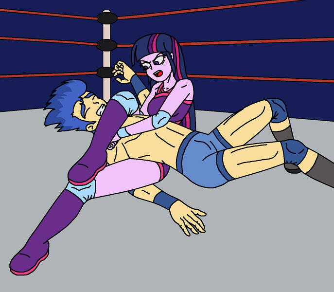 Size: 1672x1460 | Tagged: safe, artist:avispaneitor, derpibooru import, flash sentry, twilight sparkle, equestria girls, bare chest, clothes, intergender wrestling, partial nudity, rocker, topless, wrestling