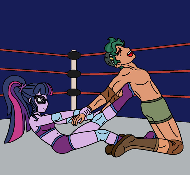 Size: 1396x1284 | Tagged: safe, artist:avispaneitor, derpibooru import, sci-twi, timber spruce, twilight sparkle, equestria girls, bare chest, clothes, intergender wrestling, partial nudity, topless, wrestling, wrestling ring