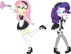 Size: 3241x2453 | Tagged: safe, artist:imperfectxiii, derpibooru import, fluttershy, rarity, equestria girls, adorasexy, beautiful, beautisexy, blowing a kiss, clothes, commission, cute, duo, duster, fishnets, frilly socks, gloves, heart, high heels, long gloves, maid, one eye closed, open mouth, raised leg, sexy, shoes, simple background, sleeveless, smiling, socks, stockings, thigh highs, transparent background, vector, wink