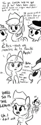 Size: 1280x3872 | Tagged: safe, artist:tjpones, derpibooru import, applejack, twilight sparkle, twilight sparkle (alicorn), oc, oc:pommejean, alicorn, pony, angry, beret, dialogue, french, monochrome, music notes, not applejack, open mouth, pointing, raised hoof, smiling