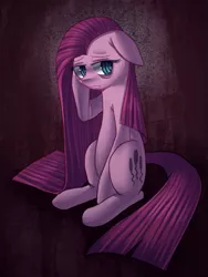 Size: 649x861 | Tagged: safe, artist:mewball, derpibooru import, pinkie pie, earth pony, pony, female, floppy ears, mare, pinkamena diane pie, sad, sitting, solo