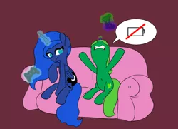 Size: 1008x731 | Tagged: angry, artist:limedreaming, belly button, controller, couch, derpibooru import, gamer luna, magic, oc, oc:lime dream, princess luna, safe, scrunchy face, simple background