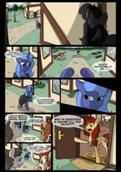 Size: 1240x1754 | Tagged: safe, artist:lunarcakez, derpibooru import, princess luna, oc, oc:scarlett rain, earth pony, pony, comic:the origins of hollow shades, cloak, clothes, comic, female, male, mare, stallion