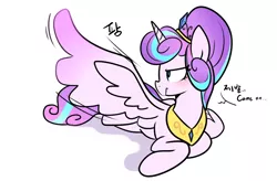 Size: 1220x800 | Tagged: artist:haden-2375, blushing, come on, derpibooru import, dialogue, lidded eyes, older, princess flurry heart, prone, safe, simple background, solo, spread wings, unamused, white background