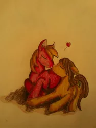 Size: 1024x1365 | Tagged: safe, artist:penkatshi, derpibooru import, big macintosh, caramel, earth pony, pony, caramac, gay, kissing, male, shipping, stallion, traditional art