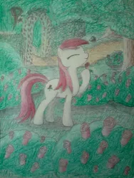 Size: 576x768 | Tagged: artist:ponystarpony, derpibooru import, eyes closed, flower, hoof hold, rose, roseluck, safe, solo, traditional art, tree