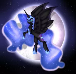 Size: 1423x1380 | Tagged: safe, artist:clefficia, derpibooru import, nightmare moon, alicorn, pony, ear fluff, female, flying, mare, moon, night, sky, solo, stars