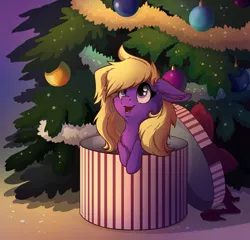 Size: 1160x1113 | Tagged: safe, artist:28gooddays, artist:badday, derpibooru import, oc, unofficial characters only, pony, box, christmas tree, cute, female, mare, pony in a box, present, solo, tree