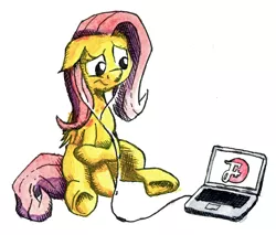 Size: 1702x1450 | Tagged: artist:friendshipismetal777, computer, crosshatch, derpibooru import, floppy ears, fluttershy, headphones, laptop computer, listening, looking at something, safe, simple background, sitting, solo, the f plus, traditional art, unsure, white background, worried