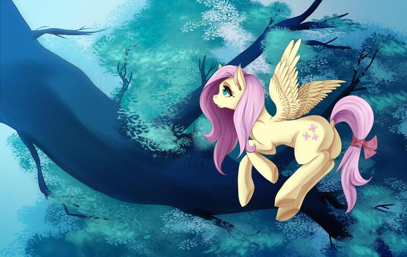 Size: 5344x3375 | Tagged: absurd resolution, artist:guinefurrie, bow, derpibooru import, flutterbutt, fluttershy, flying, looking away, looking up, plot, safe, solo, spread wings, tail bow, tree, underhoof, wallpaper