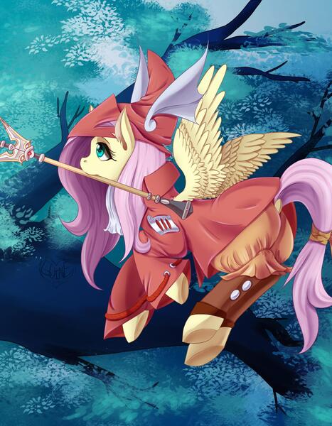 Size: 2625x3375 | Tagged: artist:guinefurrie, clothes, cosplay, costume, derpibooru import, final fantasy, final fantasy ix, fluttershy, flying, freya crescent, looking away, looking up, mouth hold, safe, solo, spread wings, tree, underhoof