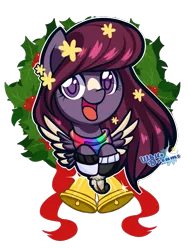 Size: 827x1081 | Tagged: safe, artist:xwhitedreamsx, derpibooru import, oc, oc:shadow twist, unofficial characters only, pegasus, pony, christmas wreath, clothes, female, mare, scarf, simple background, socks, solo, transparent background