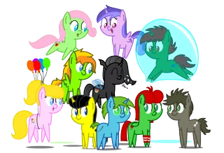 Size: 2700x1850 | Tagged: safe, artist:bladedragoon7575, derpibooru import, oc, oc:balance blade, oc:lola balloon, oc:savvy, oc:squeaky plaything, unofficial characters only, changeling, earth pony, pegasus, pony, unicorn, werewolf, bubble, chibi, cute, floating, group, group photo, in bubble, pointy ponies, swirlicorn