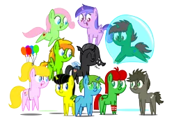 Size: 2700x1850 | Tagged: safe, artist:bladedragoon7575, derpibooru import, oc, oc:balance blade, oc:lola balloon, oc:savvy, oc:squeaky plaything, unofficial characters only, changeling, earth pony, pegasus, pony, unicorn, werewolf, bubble, chibi, cute, floating, group, group photo, in bubble, pointy ponies, swirlicorn