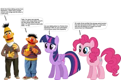 Size: 1489x991 | Tagged: safe, artist:darthraner83, derpibooru import, pinkie pie, twilight sparkle, twilight sparkle (alicorn), alicorn, pony, bert, crossover, ernie, sesame street, simple background, transparent background