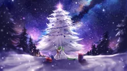 Size: 3000x1687 | Tagged: safe, artist:aquagalaxy, derpibooru import, oc, oc:bing, oc:breezy, unofficial characters only, bingzy, christmas tree, commission, duo, eyes closed, ornament, present, sitting, snow, snowfall, space, tree, winter