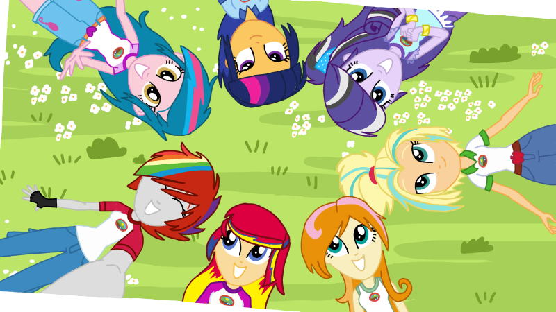 Size: 800x450 | Tagged: safe, artist:mlprocker123, derpibooru import, oc, oc:butterfly drums, oc:cider beats, oc:elegant harmony, oc:hybrid blast, oc:lightning pie, oc:nova star sparkle, oc:sassy sunrise, unofficial characters only, equestria girls, legend of everfree, clothes, fingerless gloves, gloves, grin, offspring, parent:applejack, parent:brawly beats, parent:crimson napalm, parent:flash sentry, parent:fluttershy, parent:pinkie pie, parent:rainbow dash, parent:rarity, parent:ringo, parent:thunderbass, parent:twilight sparkle, parent:valhallen, parents:flashlight, parents:pinkiebass, parents:valshy, selfie, shipping