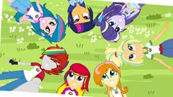 Size: 800x450 | Tagged: safe, artist:mlprocker123, derpibooru import, oc, oc:butterfly drums, oc:cider beats, oc:elegant harmony, oc:hybrid blast, oc:lightning pie, oc:nova star sparkle, oc:sassy sunrise, unofficial characters only, equestria girls, legend of everfree, clothes, fingerless gloves, gloves, grin, offspring, parent:applejack, parent:brawly beats, parent:crimson napalm, parent:flash sentry, parent:fluttershy, parent:pinkie pie, parent:rainbow dash, parent:rarity, parent:ringo, parent:thunderbass, parent:twilight sparkle, parent:valhallen, parents:flashlight, parents:pinkiebass, parents:valshy, selfie, shipping