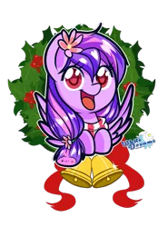 Size: 867x1174 | Tagged: safe, artist:xwhitedreamsx, derpibooru import, oc, oc:moonlight blossom, unofficial characters only, pegasus, pony, bell, christmas, christmas wreath, clothes, commission, cute, female, flower, flower in hair, happy, mare, ocbetes, open mouth, scarf, solo, wreath