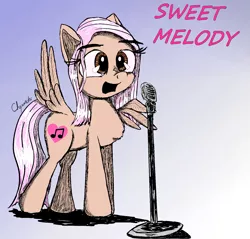 Size: 1601x1530 | Tagged: safe, artist:chopsticks, derpibooru import, oc, oc:sweet melody, unofficial characters only, pegasus, pony, brown eyes, commission, female, gradient background, mare, microphone, microphone stand, open mouth, ponysona, singing, solo