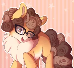 Size: 2366x2179 | Tagged: safe, artist:ginjallegra, derpibooru import, oc, oc:gigia, unofficial characters only, earth pony, pony, curly mane, fluffy, glasses, one eye closed, solo, starry eyes, wingding eyes, wink
