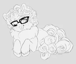 Size: 3319x2797 | Tagged: safe, artist:ginjallegra, derpibooru import, oc, oc:gigia, unofficial characters only, earth pony, pony, curly mane, fluffy, glasses, monochrome, one eye closed, simple background, sketch, solo, wink