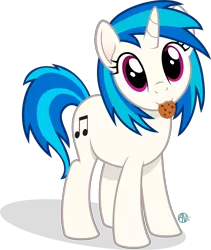 Size: 2066x2446 | Tagged: safe, artist:arifproject, derpibooru import, vinyl scratch, pony, unicorn, :3, cookie, cute, cutie mark, female, food, hnnng, hooves, horn, looking at you, mare, mouth hold, nom, simple background, solo, transparent background, vector, vinylbetes