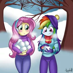 Size: 1024x1024 | Tagged: safe, artist:queentigrel, derpibooru import, fluttershy, rainbow dash, equestria girls, clothes, coat, duo, duo female, female, gloves, hat, looking down, scarf, snow, snowball, tree, winter, winter outfit