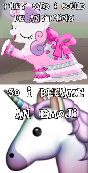 Size: 552x1083 | Tagged: clothes, derpibooru import, dress, edit, edited screencap, emoji, for whom the sweetie belle toils, image macro, meme, safe, screencap, solo, sweetie belle, text, they told me