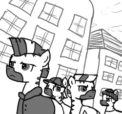 Size: 640x600 | Tagged: safe, artist:ficficponyfic, derpibooru import, oc, unofficial characters only, zebra, colt quest, building, clothes, cloud, gang, hat, male, monochrome, sky, stallion, story included, toboggan