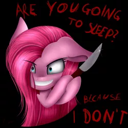 Size: 1861x1861 | Tagged: artist:lixthefork, derpibooru import, implied murder, knife, pinkamena diane pie, pinkie pie, semi-grimdark, solo, text