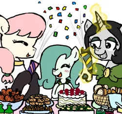 Size: 640x600 | Tagged: safe, artist:ficficponyfic, color edit, derpibooru import, edit, oc, oc:emerald jewel, oc:hope blossoms, oc:joyride, unofficial characters only, earth pony, pony, unicorn, colt quest, amulet, anniversary, apple, basket, blushing, bottle, bowtie, bread, cake, child, clothes, color, colored, colt, cookie, cute, eyes closed, eyeshadow, female, foal, food, hair over one eye, happy, horn, makeup, male, mantle, mare, monochrome, party, ponytail, request, robe, smiling, soda, streamers