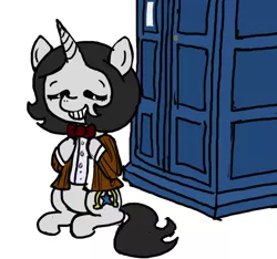 Size: 640x600 | Tagged: safe, artist:ficficponyfic, color edit, derpibooru import, edit, oc, oc:joyride, unofficial characters only, pony, unicorn, colt quest, bowtie, color, colored, crossover, cutie mark, doctor who, female, mare, monochrome, solo, tardis