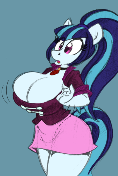 Size: 676x1007 | Tagged: suggestive, artist:trollie trollenberg, color edit, derpibooru import, edit, editor:sportifli, sonata dusk, anthro, equestria girls, big breasts, breast expansion, breasts, busty sonata dusk, cleavage, colored, female, growth, huge breasts, ponytail, sketch, solo, solo female, traditional art