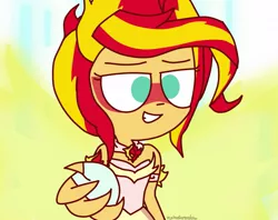 Size: 1223x968 | Tagged: safe, artist:psychodiamondstar, derpibooru import, sunset shimmer, equestria girls, friendship games, clothes, daydream shimmer, dress, glowing wings, reaching out, scene interpretation, smiling, solo, take my hand