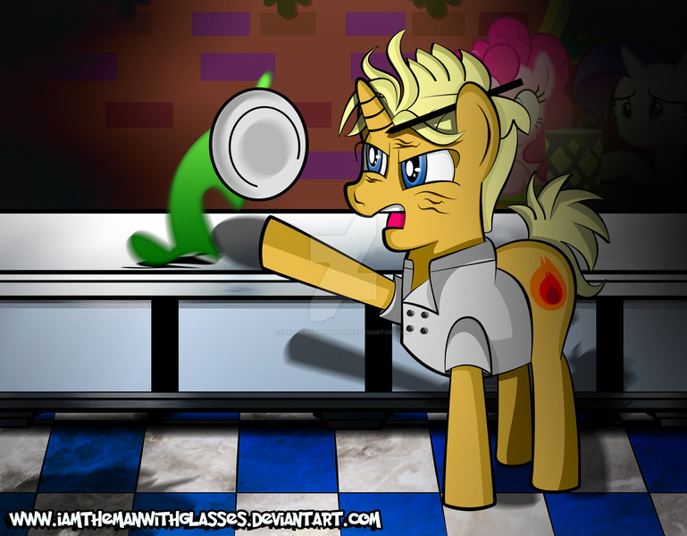 Size: 1600x1249 | Tagged: artist:iamthemanwithglasses, derpibooru import, gordon ramsay, gourmand ramsay, kitchen nightmares, pinkie pie, ponified, rarity, safe, watermark