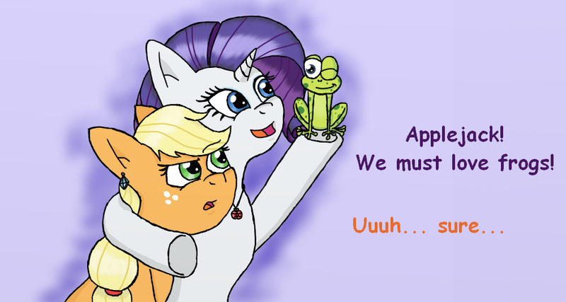 Size: 1000x534 | Tagged: safe, artist:eulicious, derpibooru import, applejack, rarity, frog, cute, female, gift art, jewelry, lesbian, necklace, one eye closed, piercing, raribetes, rarijack, shipping, simple background, text