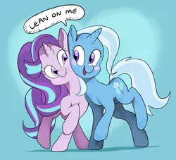 Size: 3300x3000 | Tagged: safe, artist:docwario, derpibooru import, starlight glimmer, trixie, pony, unicorn, blush sticker, blushing, cute, dialogue, diatrixes, female, glimmerbetes, heart, leaning, lesbian, looking at each other, mare, shipping, smiling, startrix