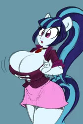 Size: 676x1007 | Tagged: suggestive, artist:trollie trollenberg, color edit, derpibooru import, edit, editor:sportifli, sonata dusk, equestria girls, big breasts, breast expansion, breasts, busty sonata dusk, cleavage, clothes, colored, eared humanization, female, growth, huge breasts, human facial structure, miniskirt, ponytail, sketch, skirt, solo, solo female, tailed humanization, traditional art